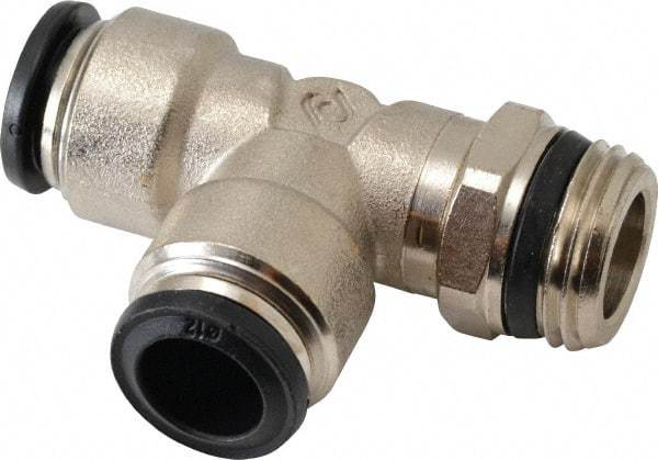 Alpha Technologies - 12mm Outside Diam, 1/2 Universal, Nickel Plated Brass Push-to-Connect Tube Male Swivel Run Tee - 250 Max psi, Tube to Universal Thread Connection, Buna O-Ring - Apex Tool & Supply