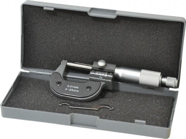 Value Collection - 0 to 25mm Range, 0.01mm Graduation, Mechanical Outside Micrometer - Ratchet Stop Thimble, Digital Counter - Apex Tool & Supply