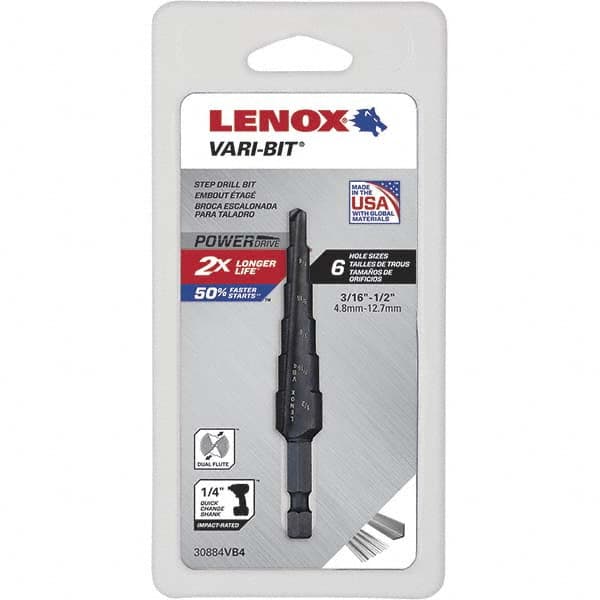 Lenox - 6 Hole Sizes, 3/16 to 1/2" Hole Diam High Speed Steel Split Point Step Drill Bit - Apex Tool & Supply