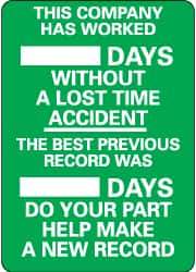 NMC - Scoreboards Scoreboard Type: Write-On Legend: This Company Has Worked ___ Days without A Lost Time Accident - The Best Previous Record Was ___ Days - Do Your Part... - Apex Tool & Supply