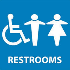 NMC - Restrooms, 7" Wide x 7" High, Vinyl Sign - English, White on Blue, Wall Mount - Apex Tool & Supply