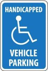 NMC - "Handicapped Vehicle Parking", "Handicapped Symbol", 12" Wide x 18" High, Aluminum ADA Signs - 0.063" Thick, White on Blue, Rectangle, Post Mount - Apex Tool & Supply
