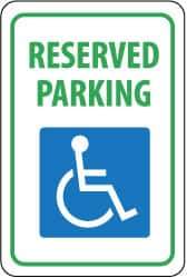 NMC - "Reserved Parking", "Handicapped Symbol", 12" Wide x 18" High, Aluminum ADA Signs - 0.063" Thick, Green & Blue on White, Rectangle, Post Mount - Apex Tool & Supply