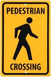 NMC - "Pedestrian Crossing", 12" Wide x 18" High, Aluminum Traffic Control Signs - 0.063" Thick, Black on Yellow, Rectangle, Post Mount - Apex Tool & Supply
