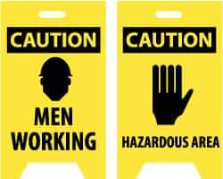 NMC - Caution - Men Working, Caution - Hazardous Area, 12" Wide x 19" High, Plastic Floor Sign - A-Frame, Black on Yellow, For Accident Prevention - Apex Tool & Supply