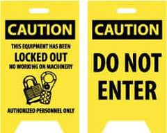 NMC - Caution - Do Not Enter, Caution - This Equipment Has Been Locked Out, No Working on Machinery - Authorized Personnel Only, 12" Wide x 19" High, Plastic Floor Sign - A-Frame, Black on Yellow, For Security & Admittance - Apex Tool & Supply