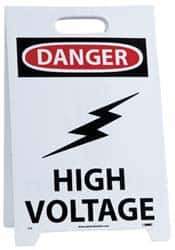 NMC - Danger - High Voltage, Warning - Restricted Area, 12" Wide x 19" High, Plastic Floor Sign - A-Frame, Red & Black on White, For Accident Prevention - Apex Tool & Supply