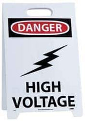 NMC - Danger - High Voltage, Warning - Restricted Area, 12" Wide x 19" High, Plastic Floor Sign - A-Frame, Red & Black on White, For Accident Prevention - Apex Tool & Supply