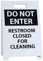 NMC - Do Not Enter - Restroom Closed for Cleaning, Do Not Enter - Work in Progress, 12" Wide x 19" High, Plastic Floor Sign - A-Frame, Black on White, For Restroom, Janitorial & Housekeeping - Apex Tool & Supply