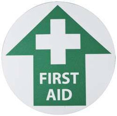 NMC - First Aid, Anti-Skid Pressure-Sensitive Vinyl Floor Sign - Round, Green on White, Adhesive Backed, For First Aid - Apex Tool & Supply