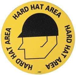 NMC - Hard Hat Area, Anti-Skid Pressure-Sensitive Vinyl Floor Sign - Round, Black on Yellow, Adhesive Backed, For Accident Prevention - Apex Tool & Supply