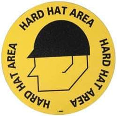 NMC - Hard Hat Area, Anti-Skid Pressure-Sensitive Vinyl Floor Sign - Round, Black on Yellow, Adhesive Backed, For Accident Prevention - Apex Tool & Supply