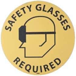 NMC - Safety Glasses Required, Anti-Skid Pressure-Sensitive Vinyl Floor Sign - Round, Black on Yellow, Adhesive Backed, For Accident Prevention - Apex Tool & Supply