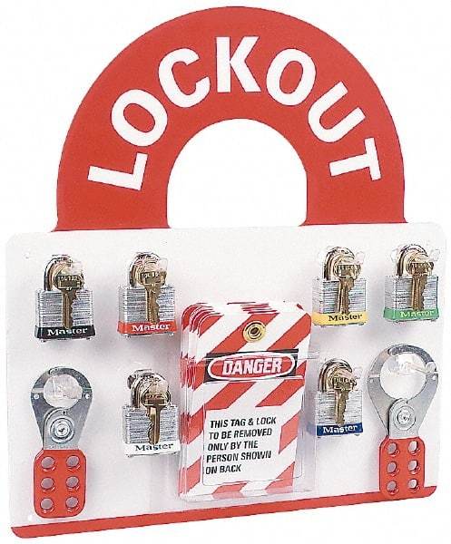 NMC - 10 Piece, Equipped Plexiglass Tag and Padlock / Hasp Station - 14 Inch Wide x 15-1/2 Inch High, White and White on Red - Apex Tool & Supply