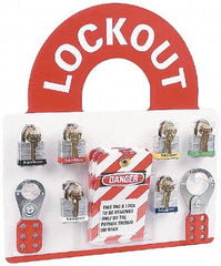 NMC - 10 Piece, Equipped Plexiglass Tag and Padlock / Hasp Station - 14 Inch Wide x 15-1/2 Inch High, White and White on Red - Apex Tool & Supply