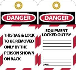NMC - 3" High x 6" Long, DANGER - THIS TAG & LOCK TO BE REMOVED ONLY BY THE PERSON SHOWN ON BACK, English Safety & Facility Lockout Tag - Tag Header: Danger, 2 Sides, Black, Red & White Unrippable Vinyl - Apex Tool & Supply