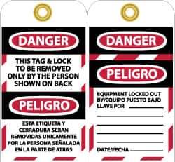 NMC - 3" High x 6" Long, DANGER - THIS TAG & LOCK TO BE REMOVED ONLY BY THE PERSON SHOWN ON BACK, English & Spanish Safety & Facility Lockout Tag - Tag Header: Danger, 2 Sides, Black, Red & White Unrippable Vinyl - Apex Tool & Supply