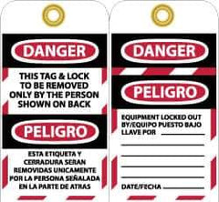 NMC - 3" High x 6" Long, DANGER - THIS TAG & LOCK TO BE REMOVED ONLY BY THE PERSON SHOWN ON BACK, English & Spanish Safety & Facility Lockout Tag - Tag Header: Danger, 2 Sides, Black, Red & White Unrippable Vinyl - Apex Tool & Supply