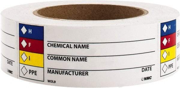 NMC - Hazardous Materials Label - Legend: H - F - I - PPE - Chemical Name ___ Common Name ___ Manufacturer ___ Date ___, English, Black, Blue, Red, Yellow & White, 4" Long x 1-1/2" High, Sign Muscle Finish - Apex Tool & Supply