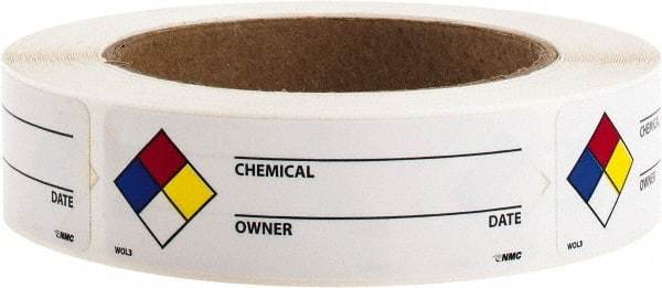 NMC - Hazardous Materials Label - Legend: Chemical ___ - Owner ___ - Date ___, English, Black, Blue, Red, Yellow & White, 3" Long x 1" High, Sign Muscle Finish - Apex Tool & Supply