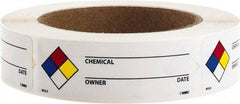NMC - Hazardous Materials Label - Legend: Chemical ___ - Owner ___ - Date ___, English, Black, Blue, Red, Yellow & White, 3" Long x 1" High, Sign Muscle Finish - Apex Tool & Supply