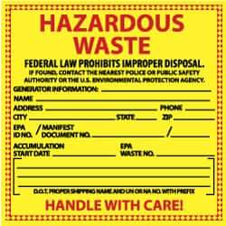 NMC - Hazardous Materials Label - Legend: Hazardous Waste - Federal Law Prohibits Improper Disposal, English, Red & Black & Yellow, 6" Long x 6" High, Sign Muscle Finish - Apex Tool & Supply