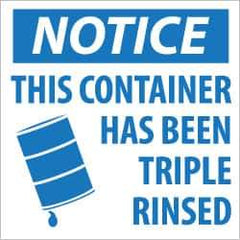 NMC - Hazardous Materials Label, Header: NOTICE - Legend: Notice - This Container Has Been Triple Rinsed, English, Blue & White, 6" Long x 6" High, Sign Muscle Finish - Apex Tool & Supply