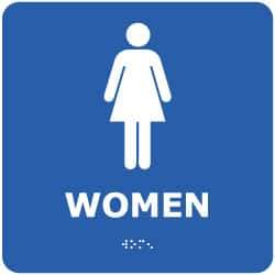 NMC - Women, 8" Wide x 8" High, Plastic Sign - English, Braille, White on Blue, Wall Mount - Apex Tool & Supply