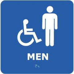 NMC - Men, 8" Wide x 8" High, Plastic Sign - English, Braille, White on Blue, Wall Mount - Apex Tool & Supply
