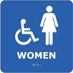 NMC - Women, 8" Wide x 8" High, Plastic Sign - English, Braille, White on Blue, Wall Mount - Apex Tool & Supply