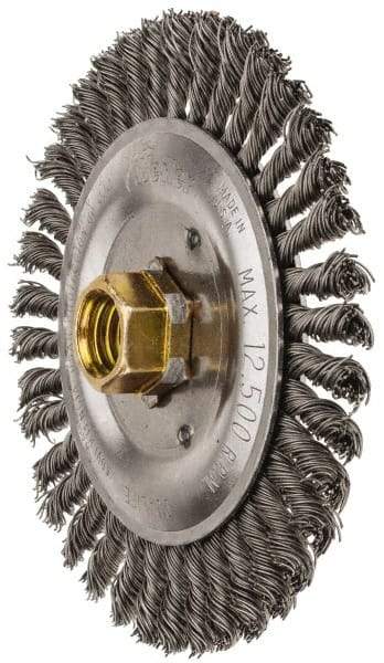 Weiler - 5" OD, 5/8" Arbor Hole, Stringer Bead Steel Wheel Brush - 3/16" Face Width, 7/8" Trim Length, 0.02" Filament Diam, 12,500 RPM - Apex Tool & Supply