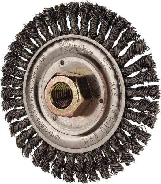 Weiler - 4-1/2" OD, 5/8" Arbor Hole, Stringer Bead Steel Wheel Brush - 3/16" Face Width, 13/16" Trim Length, 0.02" Filament Diam, 15,000 RPM - Apex Tool & Supply