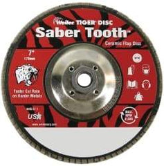 Weiler - 80 Grit, 7" Disc Diam, 5/8-11 Center Hole, Type 29 Ceramic Flap Disc - 8,600 Max RPM, Phenolic Backing, Arbor Attaching System, Coated - Apex Tool & Supply
