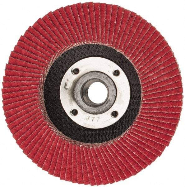 Weiler - 80 Grit, 4-1/2" Disc Diam, 5/8-11 Center Hole, Type 29 Ceramic Flap Disc - 13,000 Max RPM, Phenolic Backing, Arbor Attaching System, Coated - Apex Tool & Supply