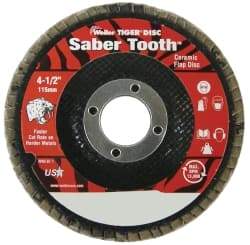 Weiler - 36 Grit, 4-1/2" Disc Diam, 7/8" Center Hole, Type 29 Ceramic Flap Disc - 13,000 Max RPM, Phenolic Backing, Arbor Attaching System, Coated - Apex Tool & Supply