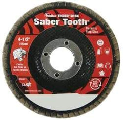 Weiler - 60 Grit, 4-1/2" Disc Diam, 7/8" Center Hole, Type 29 Ceramic Flap Disc - 13,000 Max RPM, Phenolic Backing, Quick Change Type S Attaching System, Coated - Apex Tool & Supply