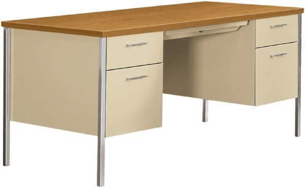 Hon - Woodgrain Laminate/Metal Double Pedestal Desk with Center Drawer - 62-3/4, 60" Wide x 30" Deep x 22-1/2, 29" High, Harvest/Putty - Apex Tool & Supply