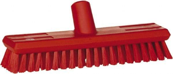 Vikan - 1.3" Bristle Length, Polyester Scrub Brush - 10-3/4" Long x 2-1/2" Wide Head, 11" OAL, European Threaded Handle, Red, Polypropylene Block - Apex Tool & Supply