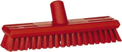 Vikan - 1.3" Bristle Length, Polyester Scrub Brush - 10-3/4" Long x 2-1/2" Wide Head, 11" OAL, European Threaded Handle, Red, Polypropylene Block - Apex Tool & Supply