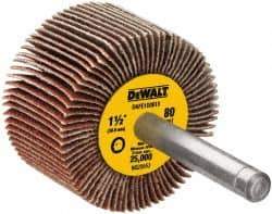 DeWALT - 1-1/2" Diam x 1" Face Width, Medium Aluminum Oxide Coated Mounted Flap Wheel - 1/4" Shank Mount, 80 Grit, Cloth Backing, 25,000 Max RPM - Apex Tool & Supply