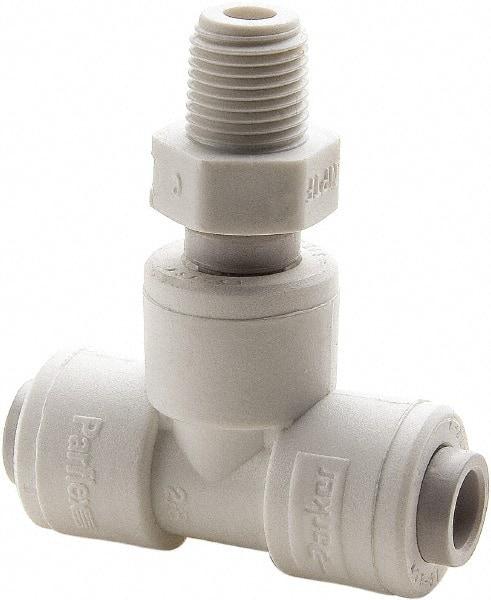 Parker - 1/2" Outside Diam, 1/2 NPTF, Polypropylene Push-to-Connect Tube Male Swivel Branch Tee - 150 Max psi, White - Apex Tool & Supply