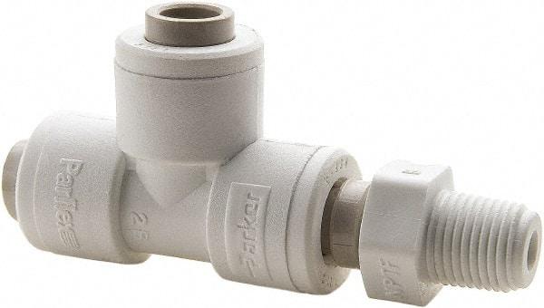 Parker - 1/2" Outside Diam, 3/8 NPTF, Polypropylene Push-to-Connect Tube Male Swivel Run Tee - 150 Max psi, White - Apex Tool & Supply