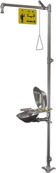 Bradley - 1-1/4" Inlet, 22 GPM shower Flow, Drench shower, Eye & Face Wash Station - Bowl with Hinged Dust Cover, Triangular Pull Rod & Push Handle Activated, Stainless Steel Pipe, Stainless Steel Shower Head, 5.1 GPM Bowl Flow, Corrosion Resistant - Apex Tool & Supply