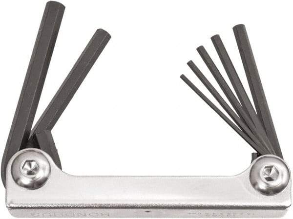 Bondhus - 7 Piece Fold-Up Ball End Hex Key Set - Hex Range 2 to 8mm, 6.63" OAL, Protanium High Torque Steel - Apex Tool & Supply
