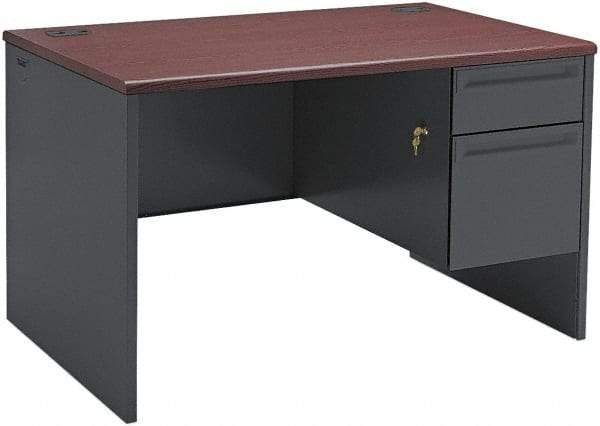 Hon - Steel-Reinforced High-Pressure Laminate/Metal Right Pedestal Desk - 48" Wide x 30" Deep x 29" High, Mahogany/Charcoal - Apex Tool & Supply