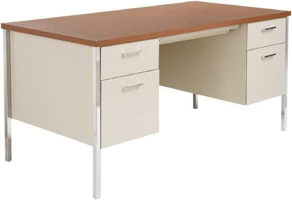 ALERA - Woodgrain Laminate/Steel Double Pedestal Desk with Center Drawer - 60" Wide x 30" Deep x 29" High, Cherry/Putty - Apex Tool & Supply