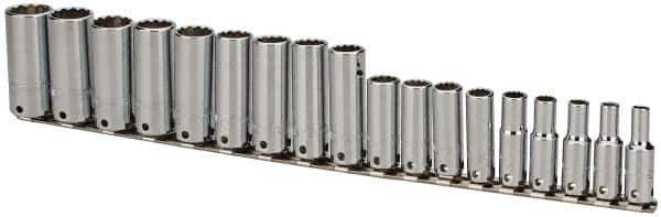 Proto - 18 Piece 3/8" Drive Tethered Deep Socket Set - 12 Points, 6 to 23mm, Metric Measurement Standard - Apex Tool & Supply