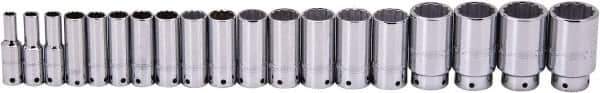 Proto - 19 Piece 1/2" Drive Deep Well Socket Set - 12 Points, 3/8" to 1-1/2" Range, Inch Measurement Standard - Apex Tool & Supply