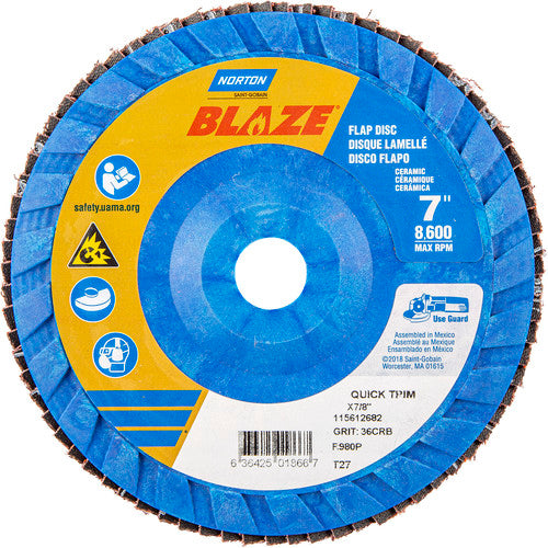 7 × 7/8″ Blaze Plastic Flat Flap Disc Type 27 36 Grit R980P Premium Ceramic Alumina - Apex Tool & Supply