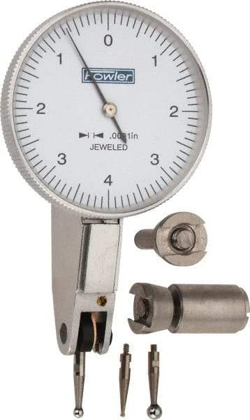 Fowler - 0.008 Inch Range, 0.0001 Inch Dial Graduation, Horizontal Dial Test Indicator - 1-1/2 Inch White Dial, 0-4-0 Dial Reading - Apex Tool & Supply